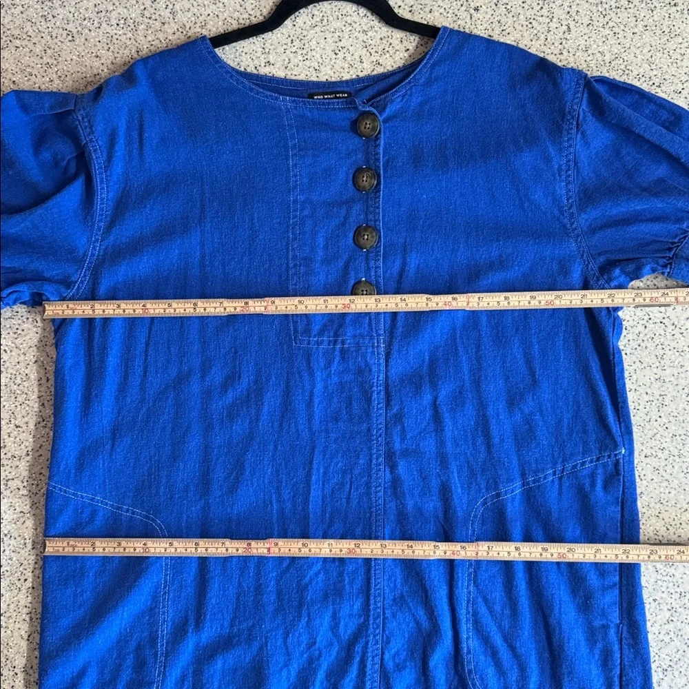 Who What Wear Blue 55% linen 45% cotton puff sleeve midi dress.2 pockets.Size XL